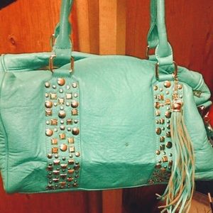 Baby Blue Teal Purse With Gold Rimstone’s.